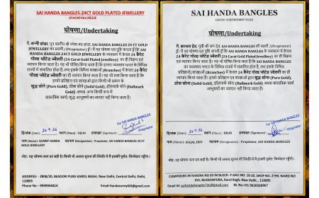 SAI HANDA BANGLES का घोषणा पत्र: प्रतिष्ठानों पर सिर्फ 24 कैरेट गोल्ड प्लेटेड ज्वेलरी बेचने का दावा